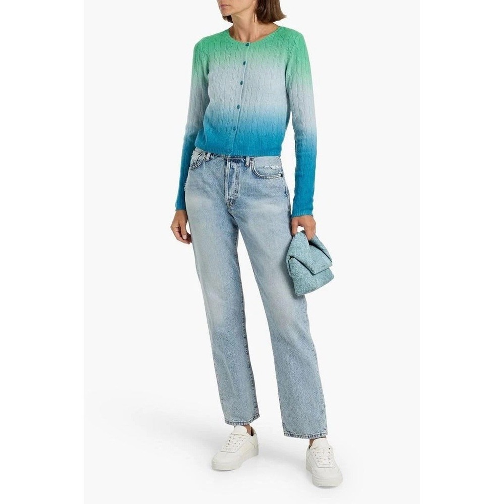 $358 NAADAM 100% Ultra Soft Cashmere Ombre Cable Knit Cardigan Green Blue M/L